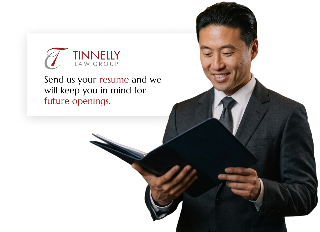 HOA attorney / HOA law A man in a suit holding a folder, with a white background and a call to action to send a resume to